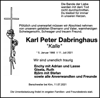 Traueranzeige von Karl Peter Dabringhaus Kalle von WochenSpiegel