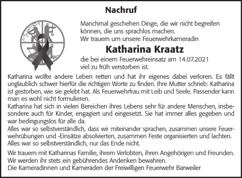  Traueranzeige für Katharina Kraatz vom 24.07.2021 aus WochenSpiegel