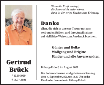 Traueranzeige von Gertrud Brück von WochenSpiegel