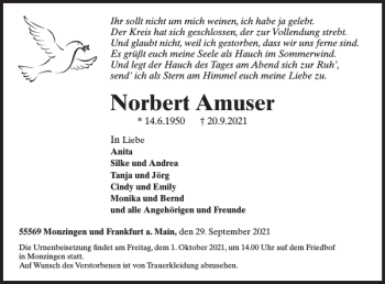 Traueranzeige von Norbert Amuser von WochenSpiegel