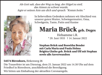 Traueranzeige von Maria Brück von WochenSpiegel