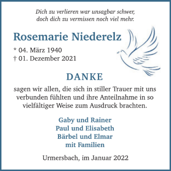 Traueranzeige von Rosemarie Niederelz von WochenSpiegel