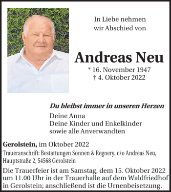 Traueranzeige von Andreas Neu von WochenSpiegel