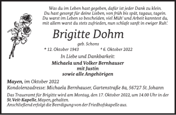 Traueranzeige von Brigitte Dohm von WochenSpiegel