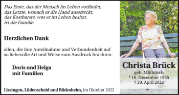 Traueranzeige von Christa Brück von WochenSpiegel