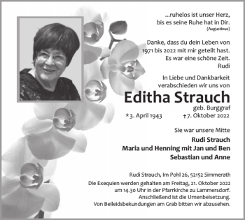 Traueranzeige von Editha Strauch von WochenSpiegel