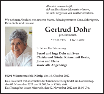 Traueranzeige von Gertrud Dohr von WochenSpiegel