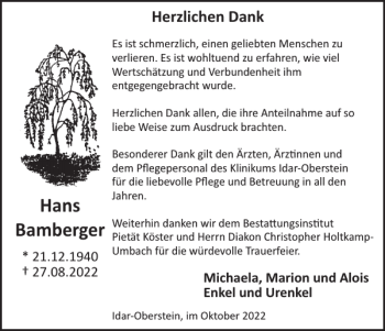 Traueranzeige von Hans Bamberger von WochenSpiegel