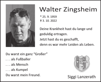 Traueranzeige von Walter Zingsheim von WochenSpiegel