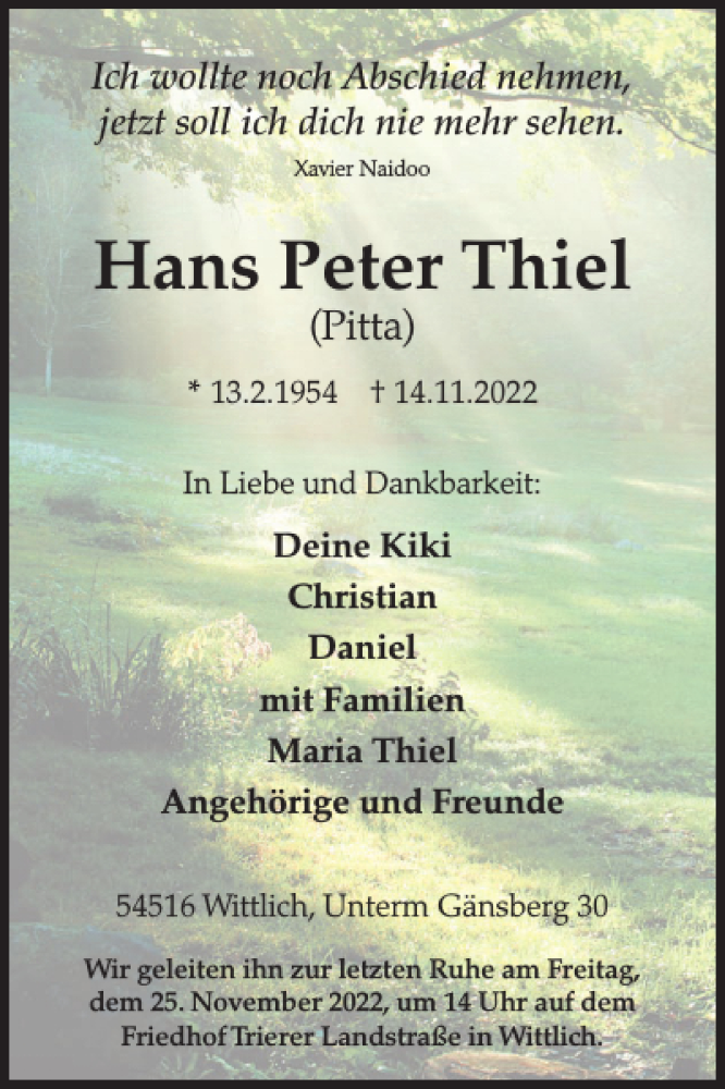  Traueranzeige für Hans Peter Thiel vom 18.11.2022 aus WochenSpiegel