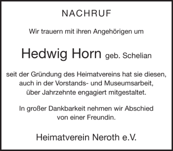 Traueranzeige von Hedwig Horn von WochenSpiegel