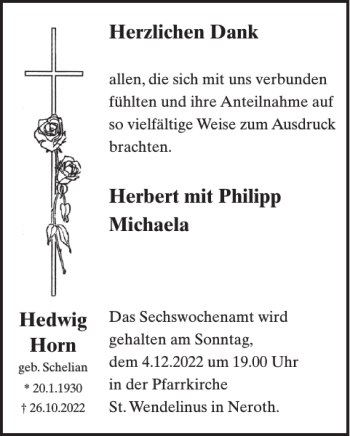 Traueranzeige von Herbert Philipp Michaela Hedwig Horn von WochenSpiegel