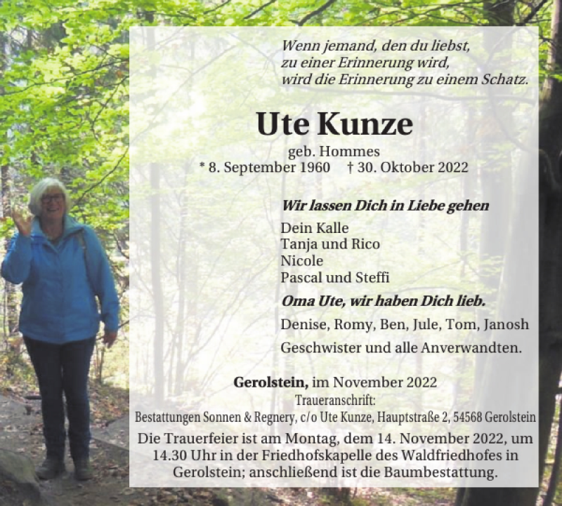  Traueranzeige für Ute Kunze vom 05.11.2022 aus WochenSpiegel
