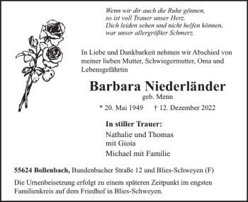 Traueranzeige von Barbara Niederländer von WochenSpiegel