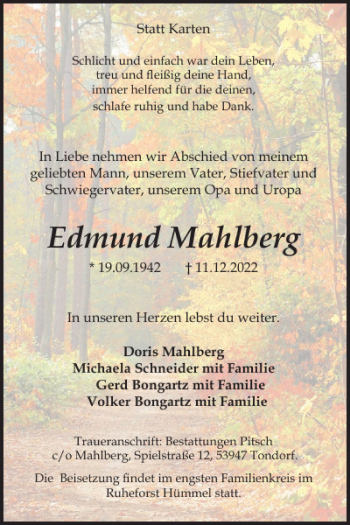 Traueranzeige von Edmund Mahlberg von WochenSpiegel