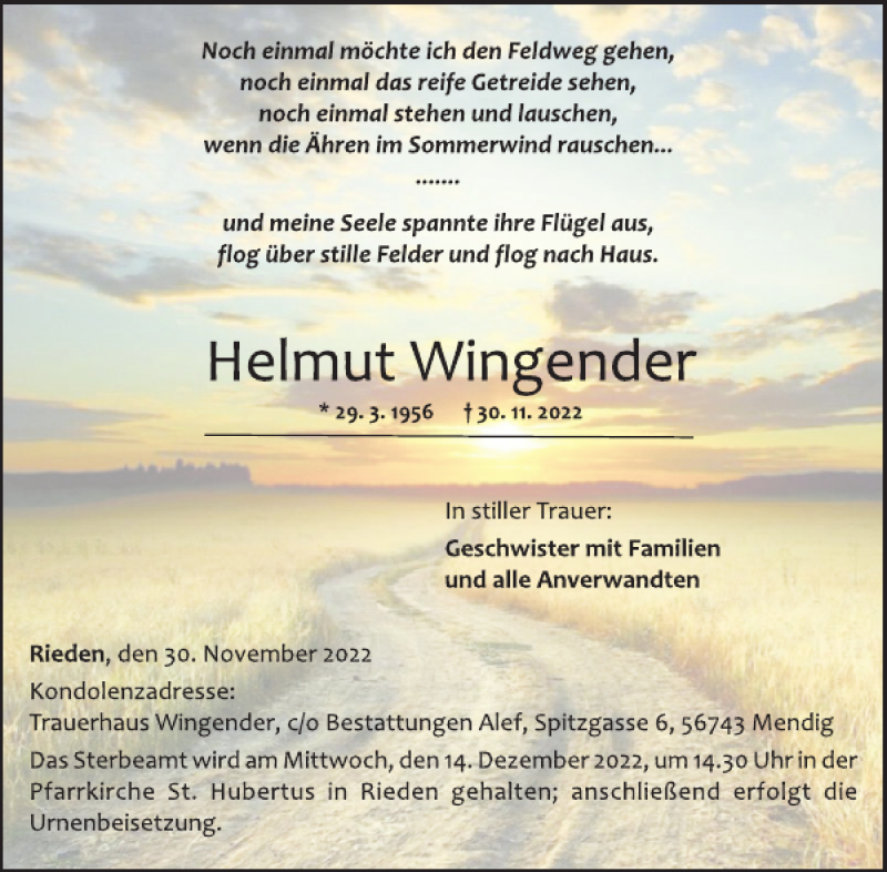  Traueranzeige für Helmut Wingender vom 07.12.2022 aus WochenSpiegel