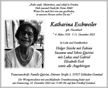 Traueranzeige von Katharina Eschweiler von WochenSpiegel