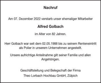 Traueranzeige von Nachruf Alfred Golbach von WochenSpiegel