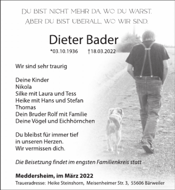 Traueranzeige von Dieter Bader von WochenSpiegel