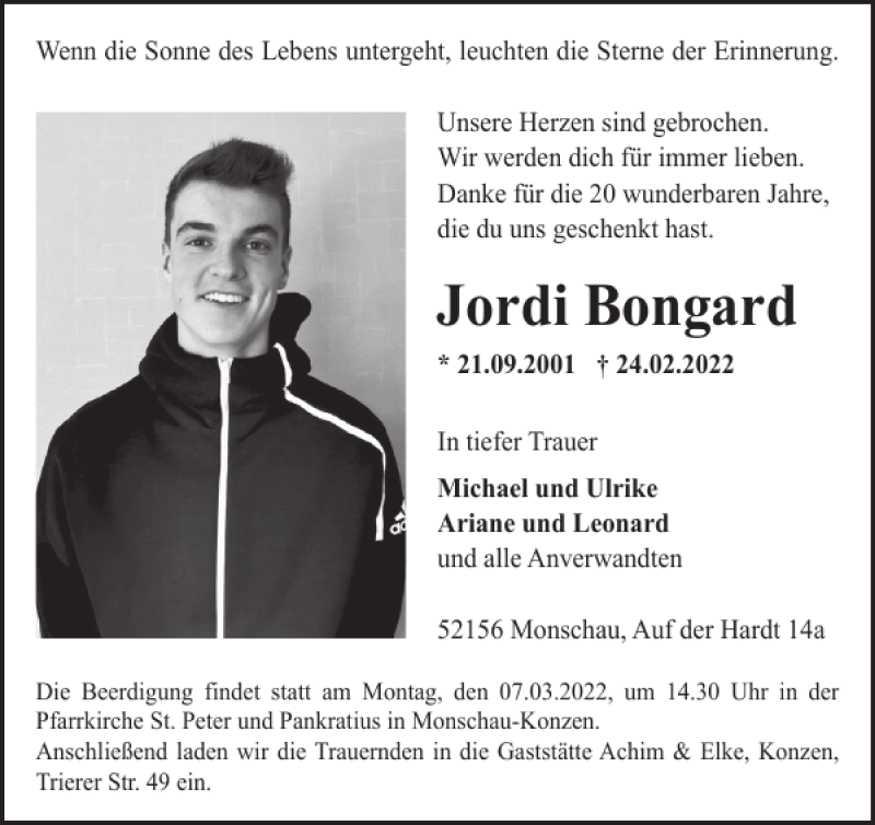  Traueranzeige für Jordi Bongard vom 02.03.2022 aus WochenSpiegel