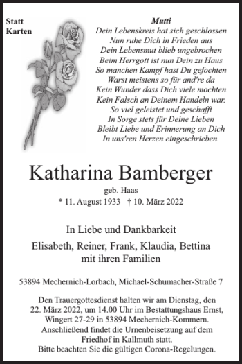 Traueranzeige von Katharina Bamberger von WochenSpiegel