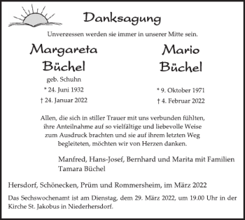 Traueranzeige von Margareta Büchel Mario Büchel von WochenSpiegel