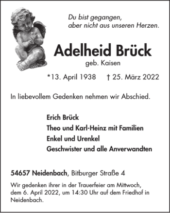 Traueranzeige von Adelheid Brück von WochenSpiegel