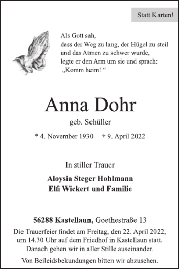 Traueranzeige von Anna Dohr von WochenSpiegel