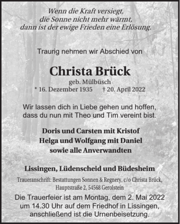 Traueranzeige von Christa Brück von WochenSpiegel