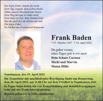 Traueranzeige von Frank Baden von WochenSpiegel