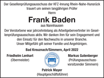 Traueranzeige von Frank Baden von WochenSpiegel