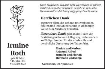 Traueranzeige von Irmine Roth von WochenSpiegel