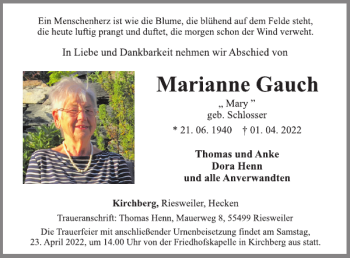 Traueranzeige von Marianne Gauch von WochenSpiegel