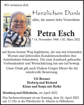 Traueranzeige von Petra Esch von WochenSpiegel