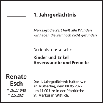 Traueranzeige von Renate Esch von WochenSpiegel