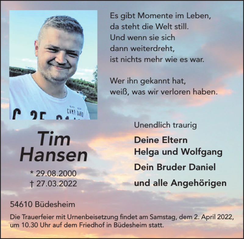  Traueranzeige für Tim Hansen vom 02.04.2022 aus WochenSpiegel
