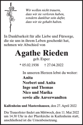 Traueranzeige von Agathe Rieden von WochenSpiegel