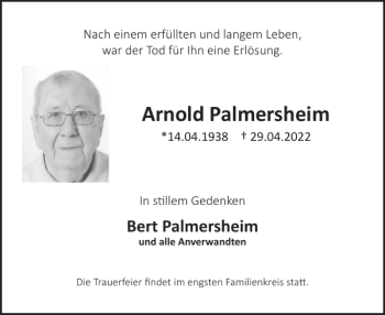 Traueranzeige von Arnold Palmersheim von WochenSpiegel