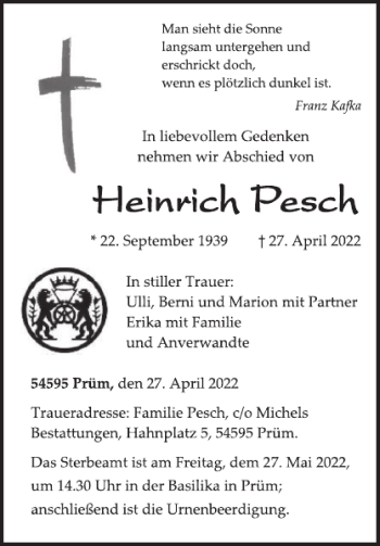 Traueranzeige von Heinrich Pesch von WochenSpiegel