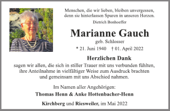 Traueranzeige von Marianne Gauch von WochenSpiegel