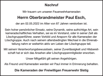 Traueranzeige von Oberbrandmeister Paul Esch von WochenSpiegel