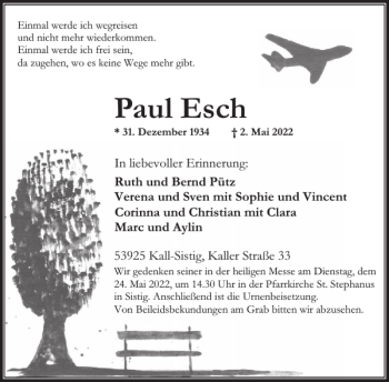 Traueranzeige von Paul Esch von WochenSpiegel