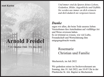 Traueranzeige von Arnold Freidel von WochenSpiegel