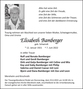 Traueranzeige von Elisabeth Bamberger von WochenSpiegel