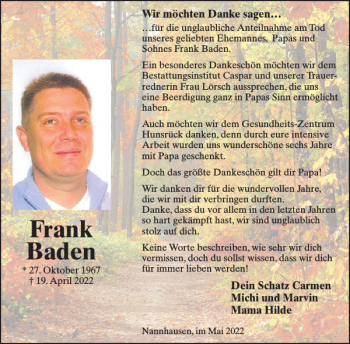 Traueranzeige von Frank Baden von WochenSpiegel