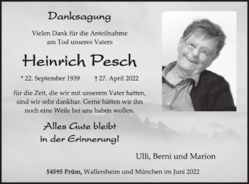 Traueranzeige von Heinrich Pesch von WochenSpiegel