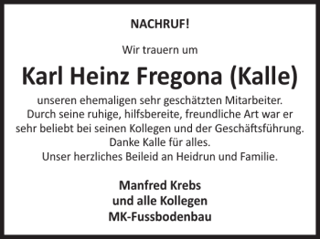 Traueranzeige von Karl Heinz Fregona Kalle von WochenSpiegel