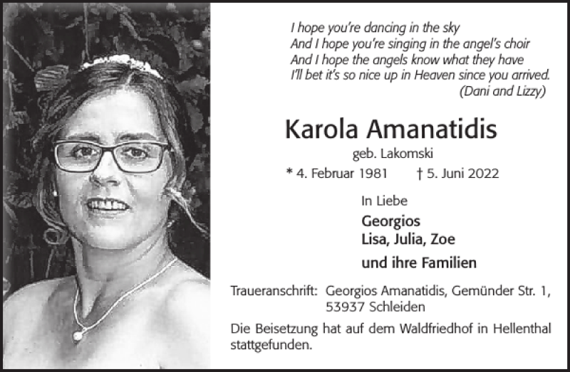  Traueranzeige für Karola Amanatidis vom 22.06.2022 aus WochenSpiegel