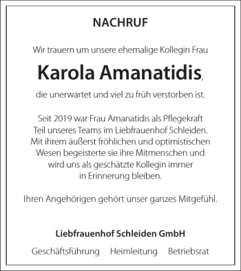 Traueranzeige von Karola Amanatidis von WochenSpiegel