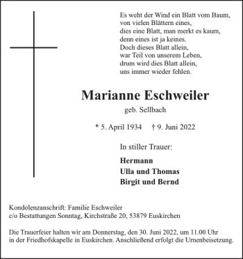 Traueranzeige von Marianne Eschweiler von WochenSpiegel